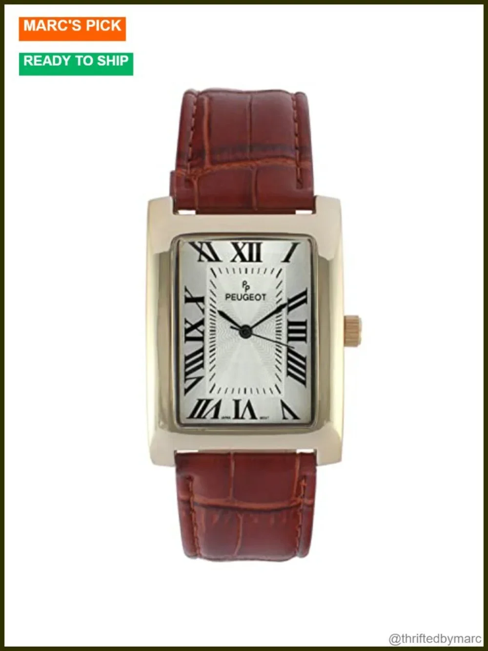 Vintage Rectangular Tank 14K Gold Plated Roman Numeral Leather Strap Watch